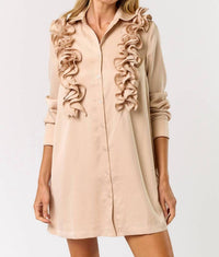 lalavon Satin Ruffle Detail Button Down Shirt Dress in champagne - women's dress