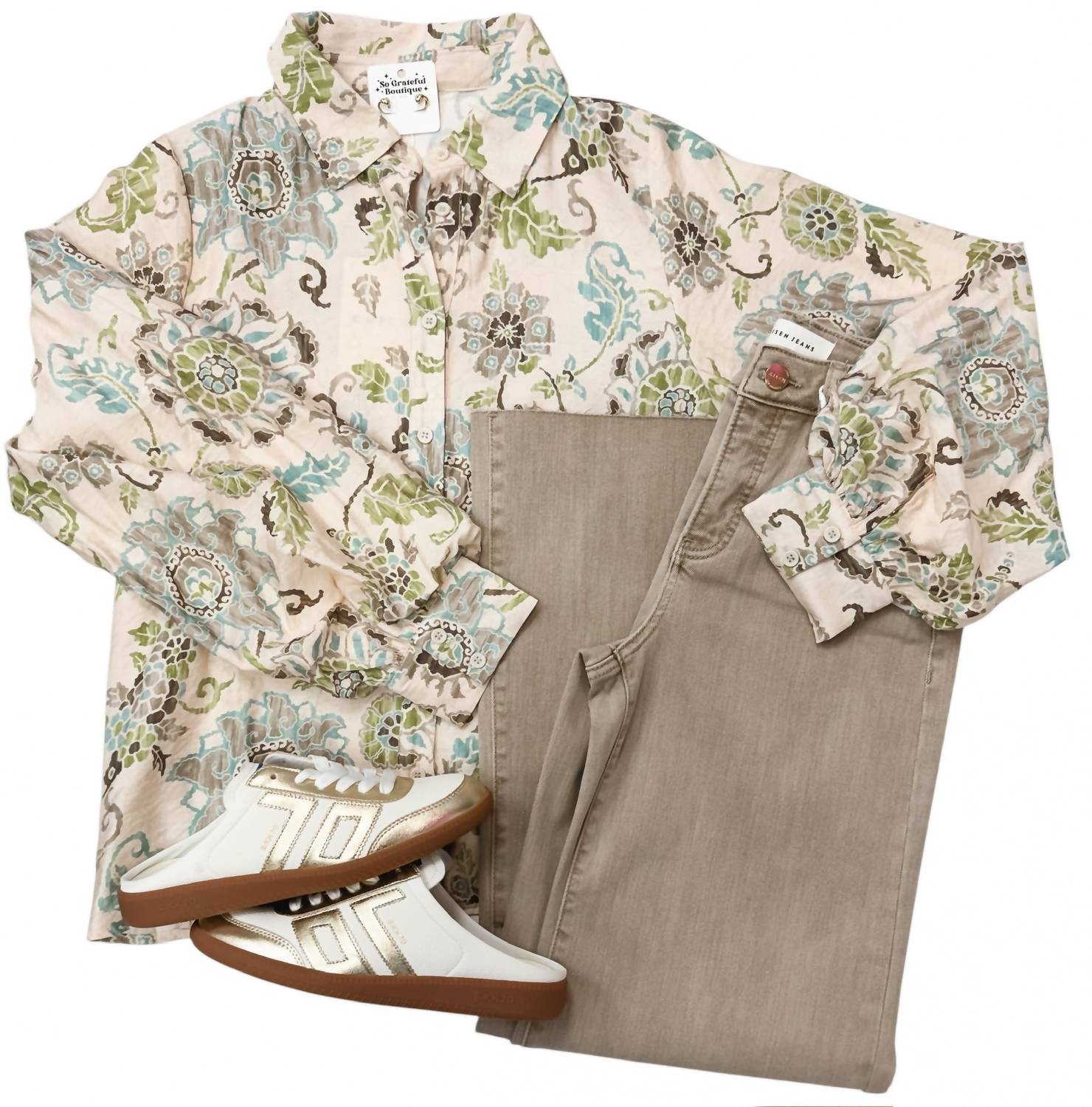 entro Women's Floral Button Up Top in jade - women's blouse