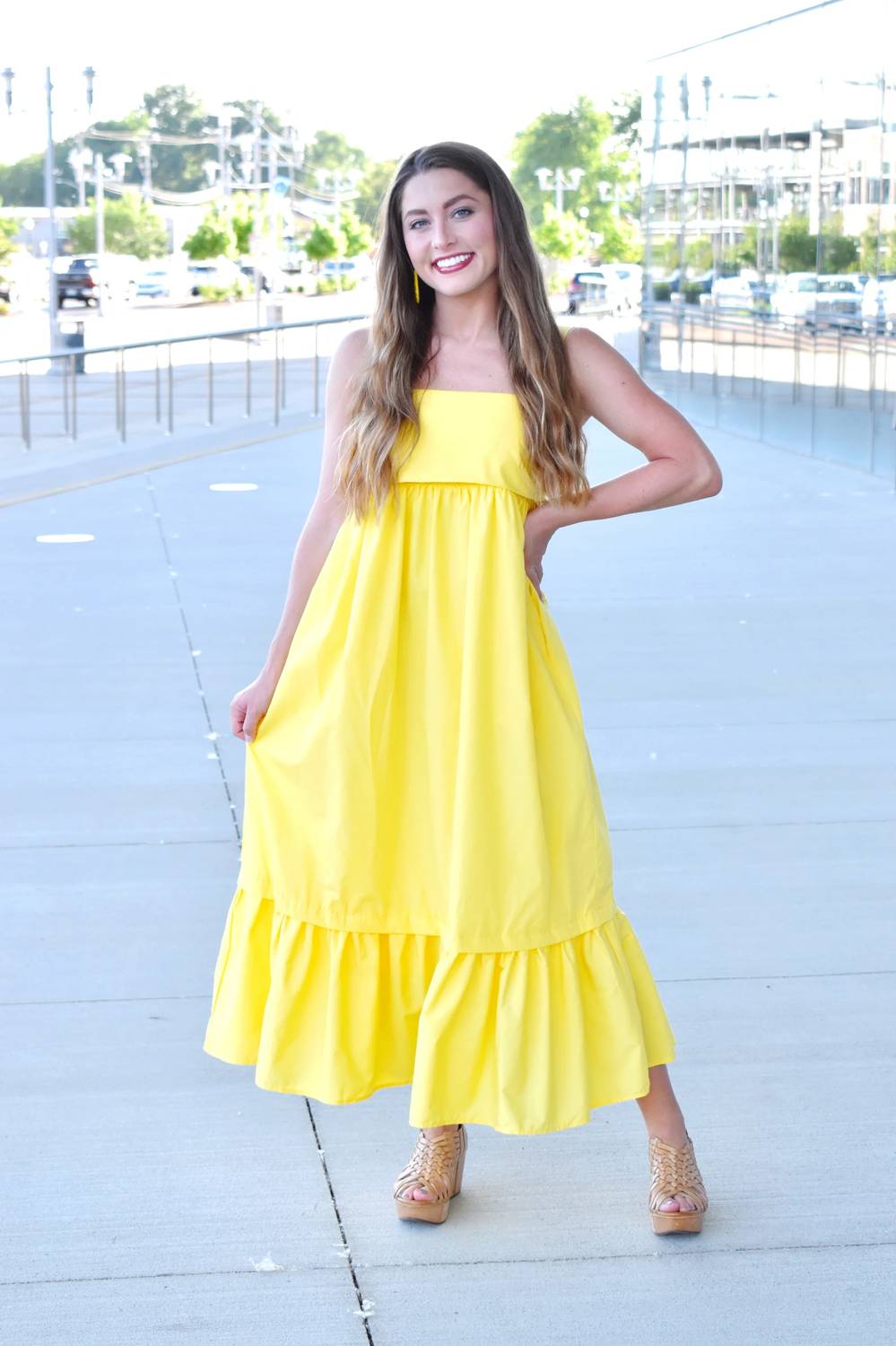 Entro - Solid Square Neck Sleeveless Tiered Midi Dress