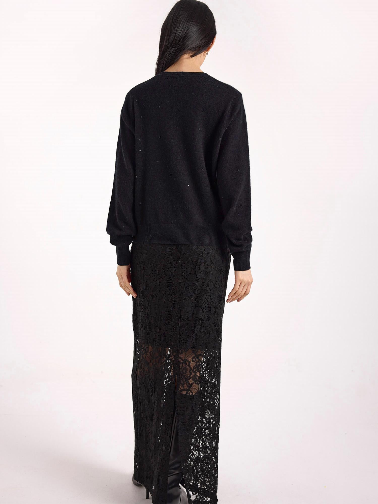 Brodie Cashmere Gem Star Cashmere Crew Neck Jumper in black - women's sweater - detail view