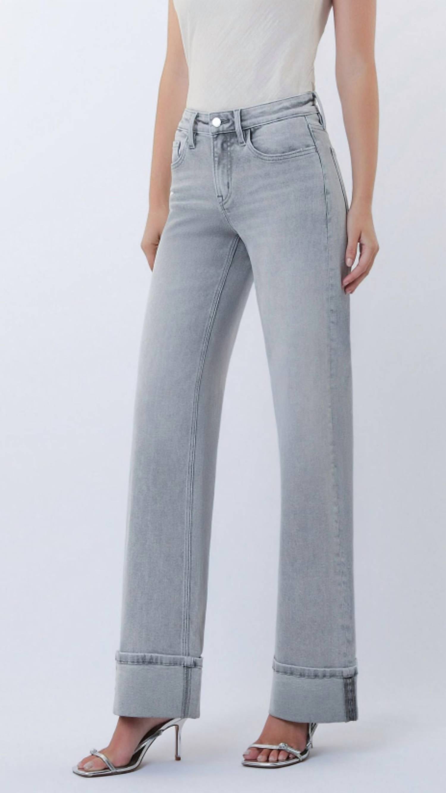 FLYING MONKEY Mid Rise Full Length Cuffed Wide Leg Jeans in grey - women's pants - detail view