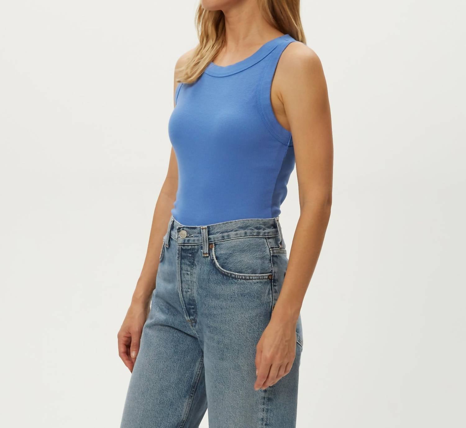 Michael Stars Halley Ribbed Tank Top in blue ribbon - women's tank top - detail view
