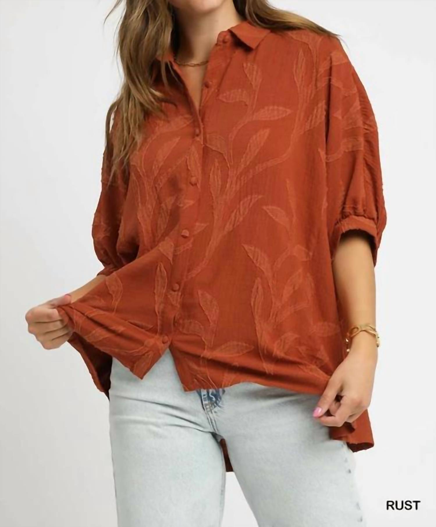 Umgee - Leafy Button Down Blouse