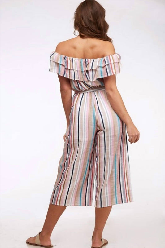 Peach Love - Striped Ruffle Capri Jumpsuit