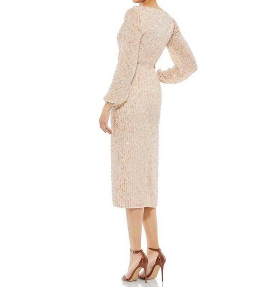 Mac Duggal - Sequin Long Puff Sleeve Cocktail Midi
