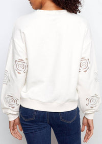 CHARLIE B French Terry Floral Embroidery Long Sleeve Top in white - women's long sleeve top - detail view