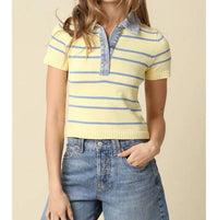 Olivaceous - Leni Striped Contrast Denim Collar Top