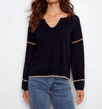 Charlie B - Notched Neck Rib Embroidered Sweater