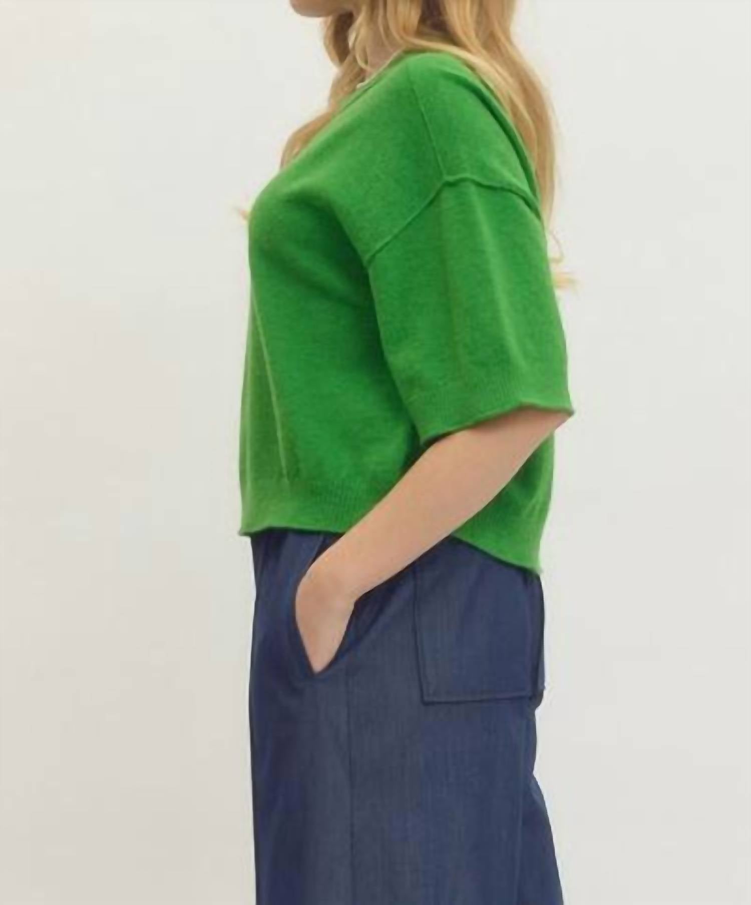 entro Solid Knit 3/4 Wide Sleeve Sweater in green - women's sweater - alternate view