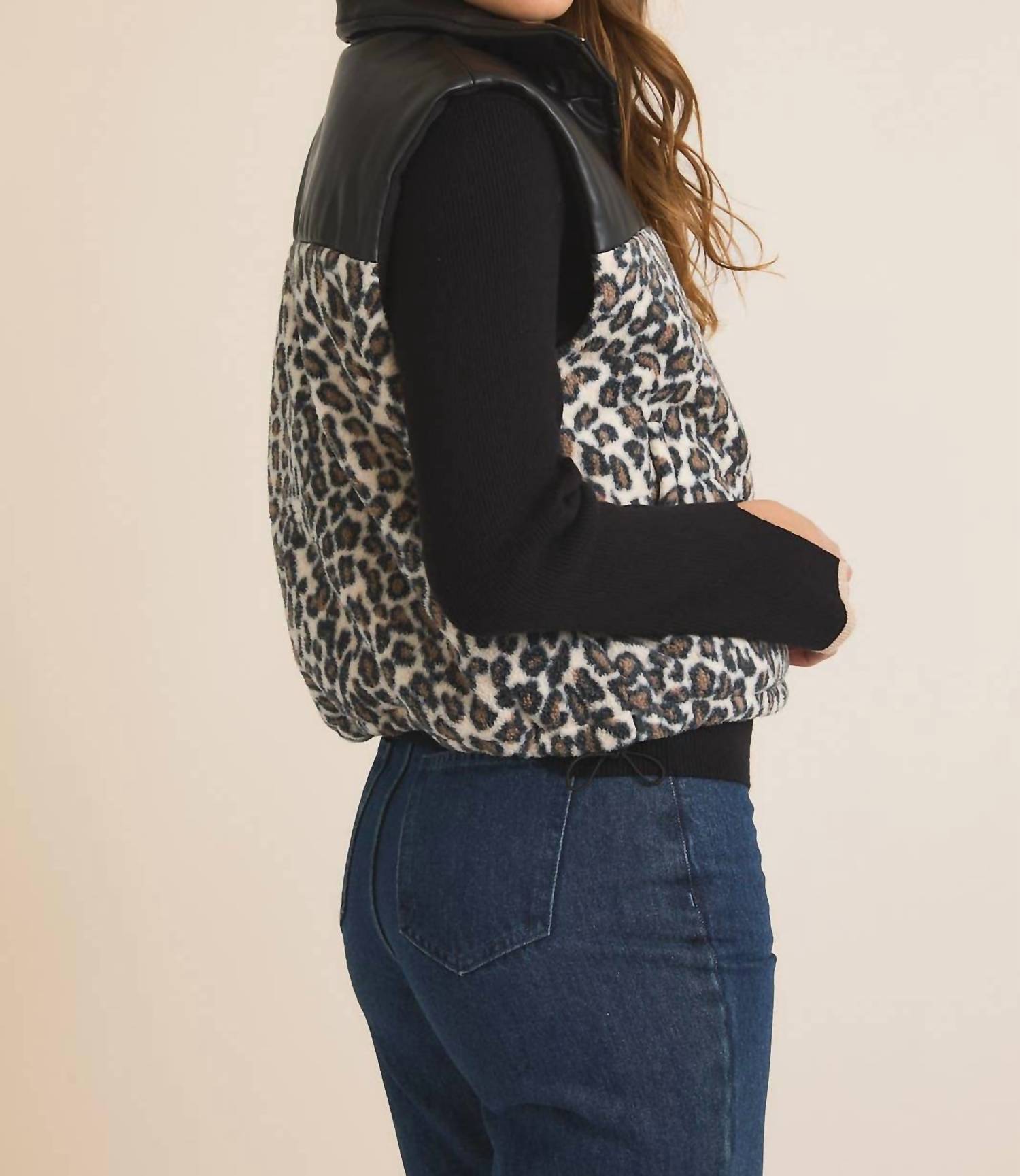 Gilli - Mock Neck Fleece & Pleather Mix Puffer Vest