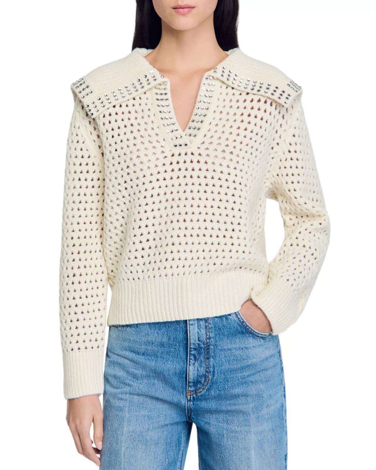 Blue B - Open Knit Rhinestone Collar Sweater