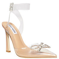 STEVE MADDEN Women's Sarontos Cinderella Ankle Strap High Heels in clear nude - women's heels - detail view