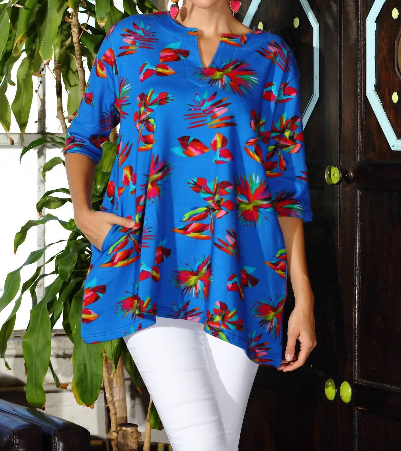 Kikisol - Searenity Fiesta Leaf French Terry Tunic With Pockets