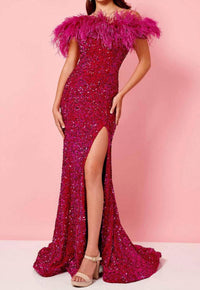 Rachel Allan - Feathered Off Shoulder Prom Gown