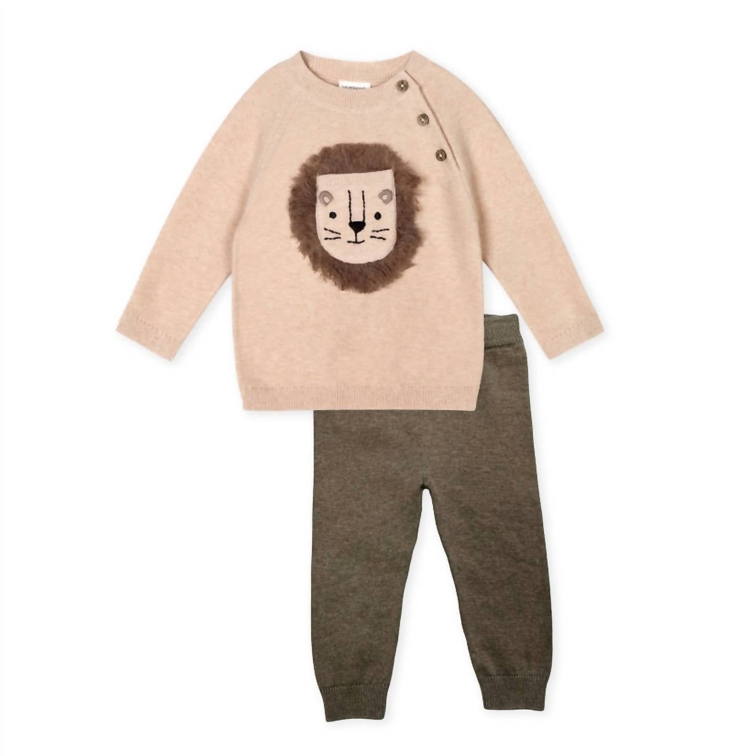 VIVERANO Organics Kid's Lion Appliqué Sweater Knit & Pant Set in oatmeal heather - item