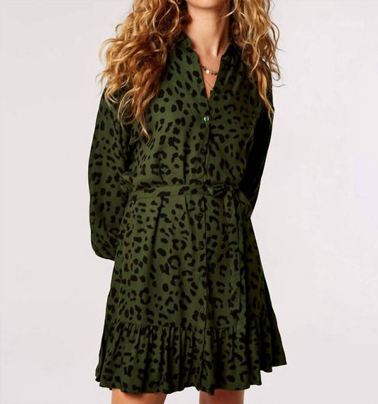 Apricot - Leopard Ruffle Hem Belted Waist Shirt Dress