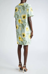 Oscar De La Renta - Short Sleeve Jewel Neck Poppies Cotton Poplin Shift Dress