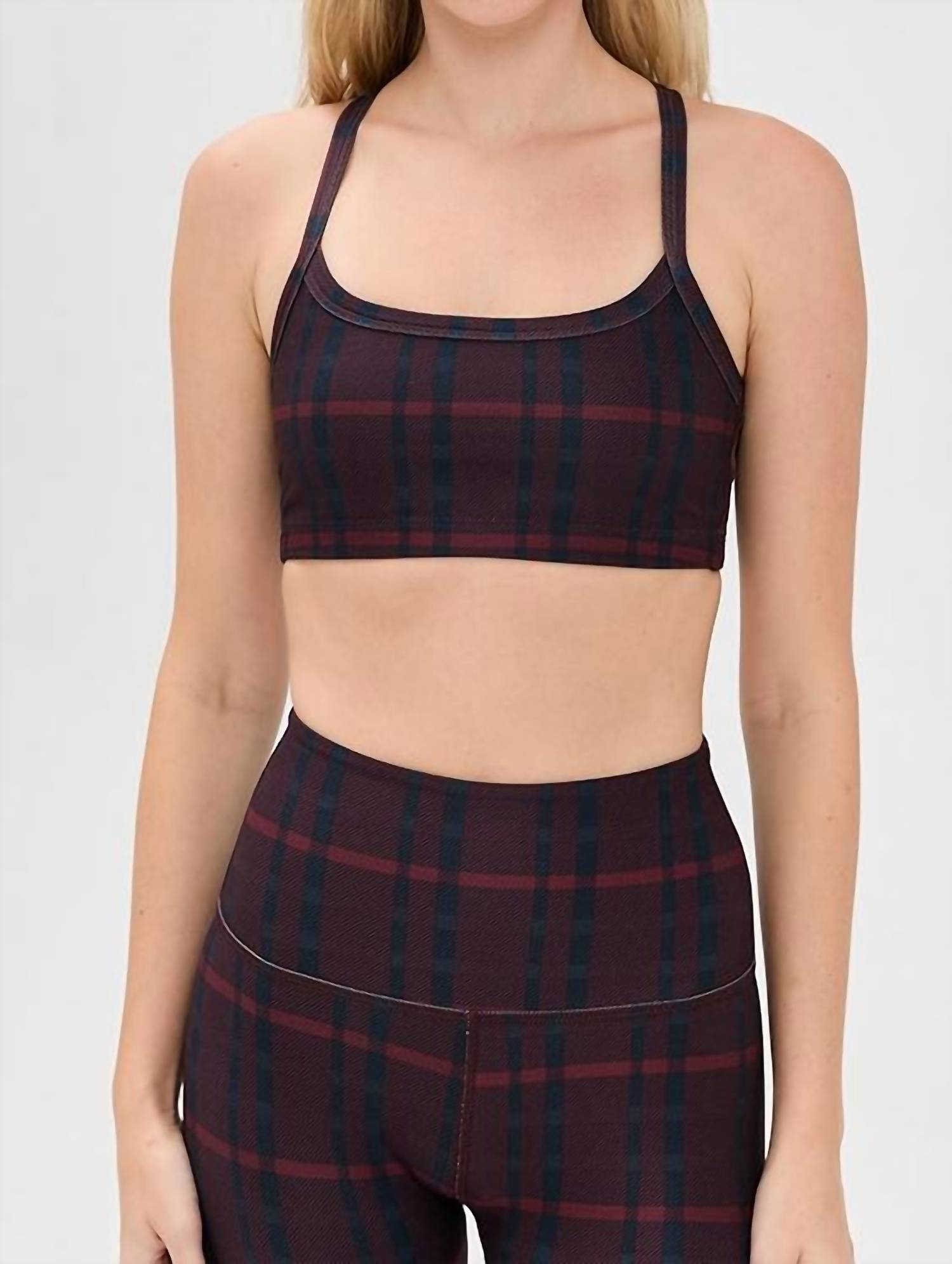 BEYOND YOGA Softmark Slim Racerback Bra in dark cherry preppy plaid - women's intimate