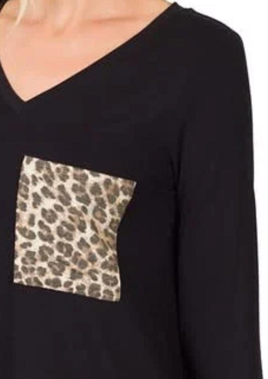 Zenana - Leopard Pocket V-neck Long Sleeve Top