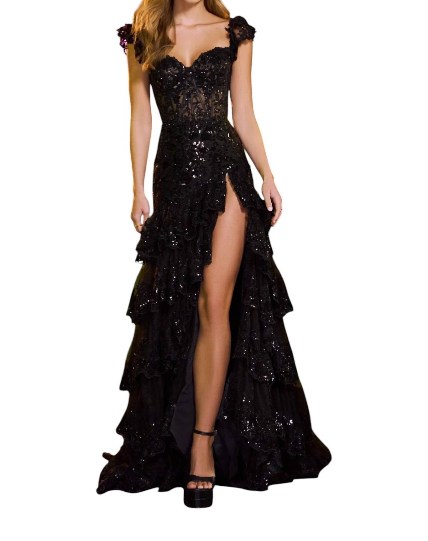 Sherri Hill Cap Sleeve Ruffle Skirt Dress in black - women's dress