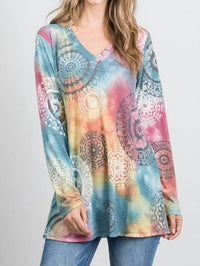 Heimish Usa - Tie Dye & Circular Designs V-Neck Long Sleeve Top