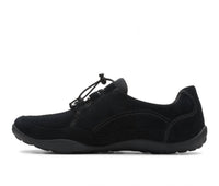 Clarks Women's Haley Rhea Is A Comfortable Slip-on Sneaker in black suede - women's sneaker - detail view