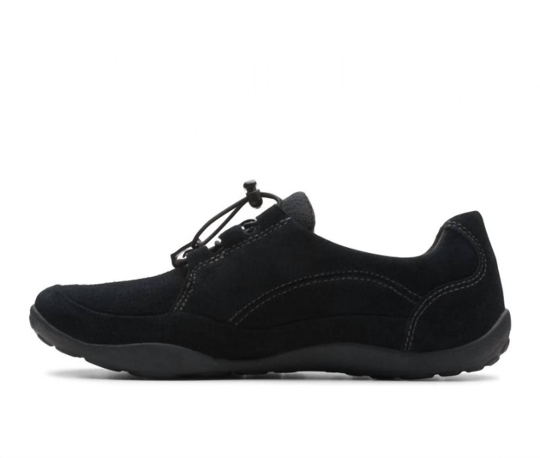 Clarks Women's Haley Rhea Is A Comfortable Slip-on Sneaker in black suede - women's sneaker - detail view