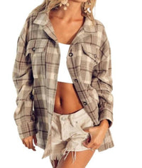 BiBi Hooded Flannel Jacket in mocha multi - women's jacket - detail view