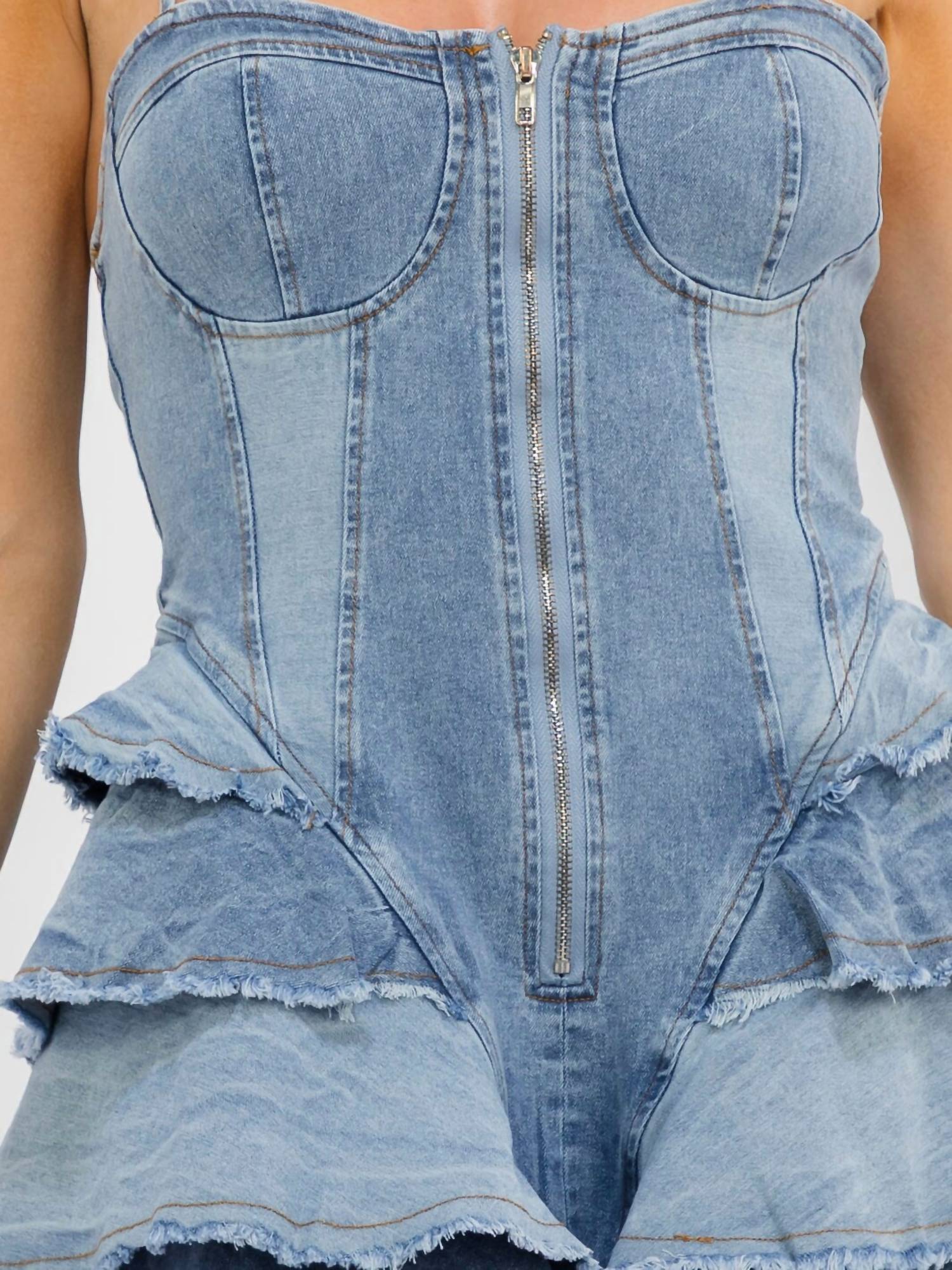 Little Secret Of Mine - Tiered Stretchy Denim Ruffle Mini Dress