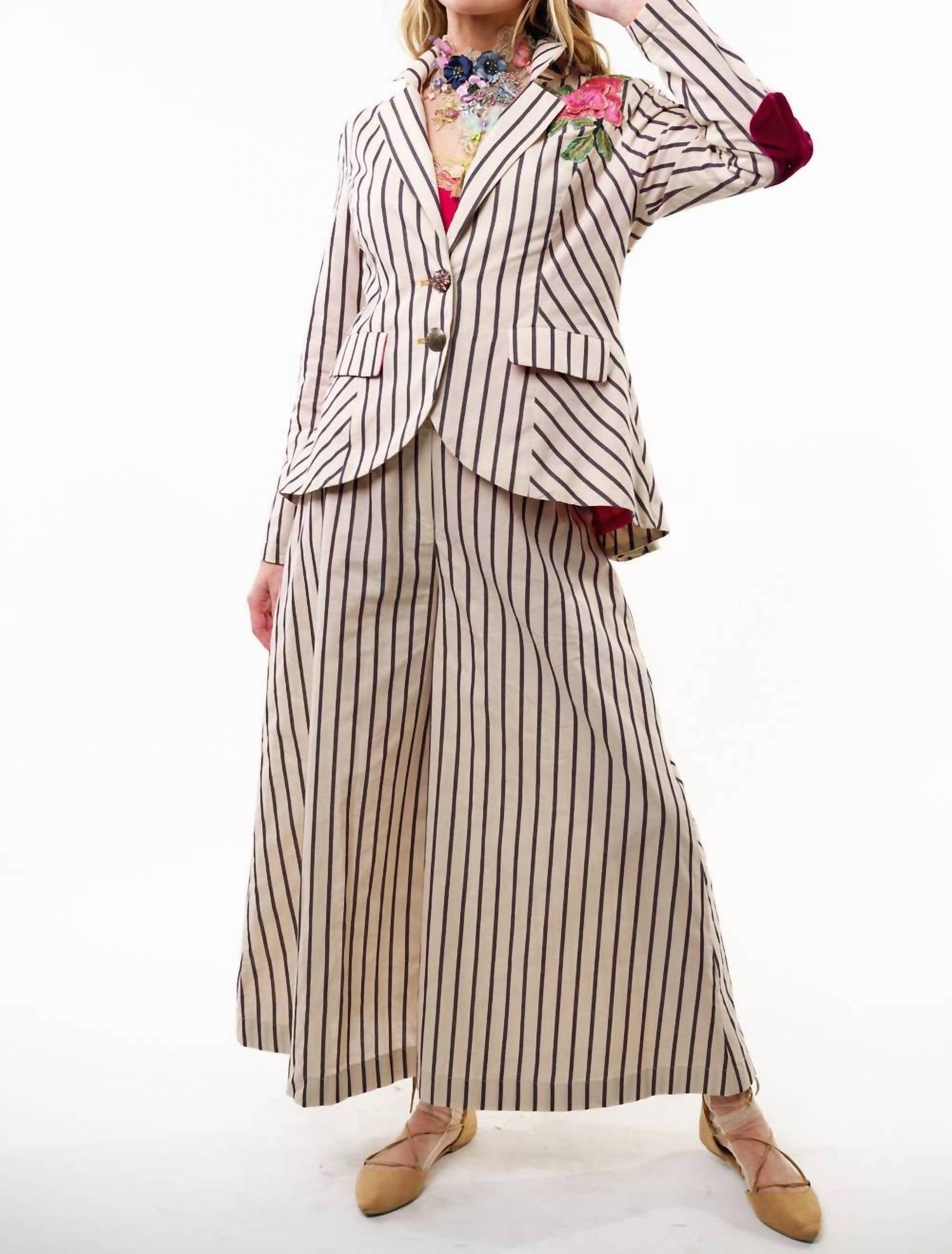 Aratta Derby Princess Blazer And Wide Leg Pants Set in cream stripes - women's jacket