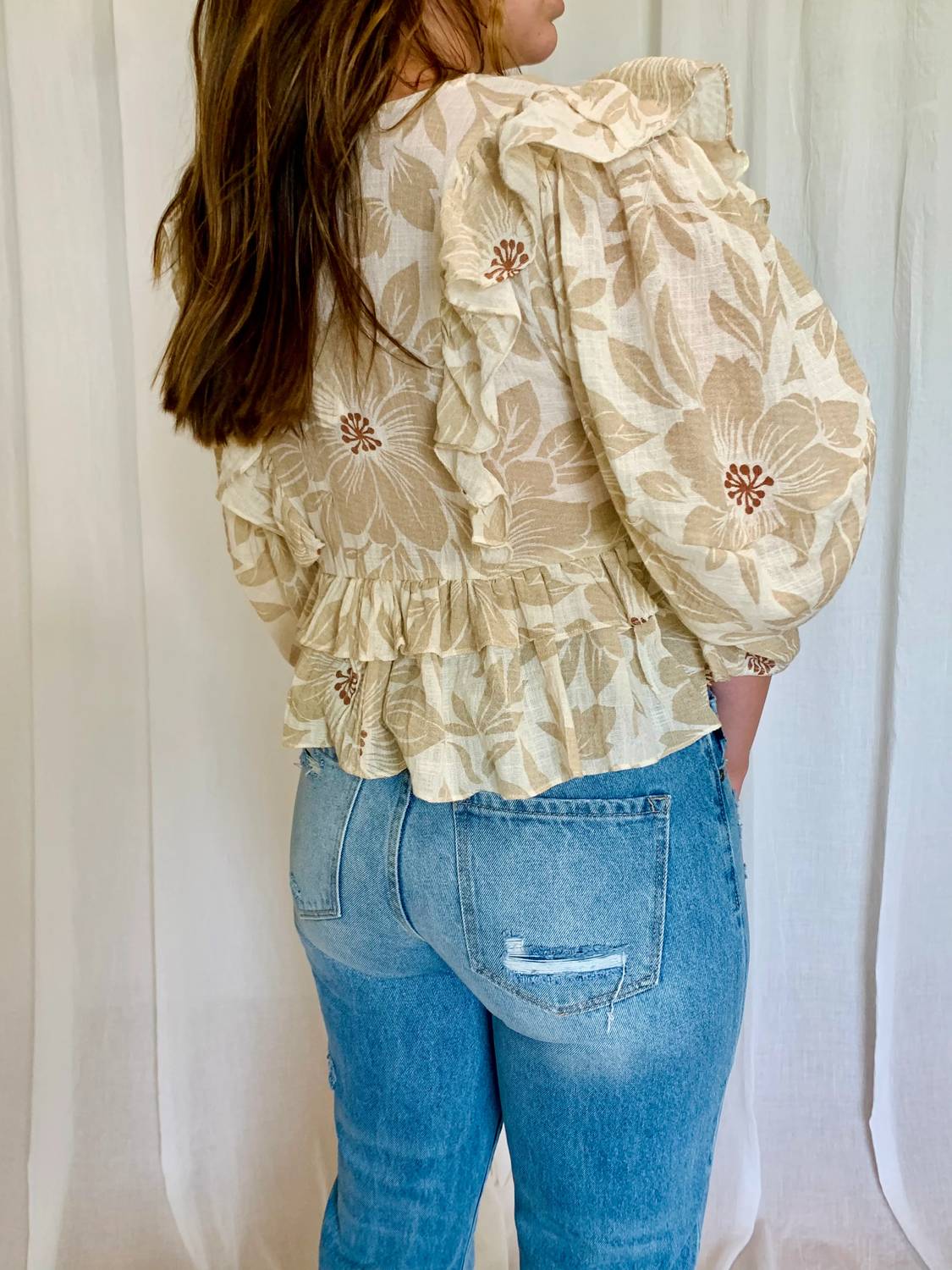 Olivaceous - Sweet Ruffle V-neck Top