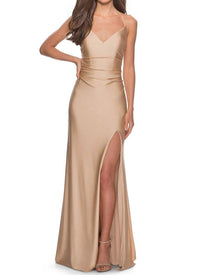 La Femme - Women's Crossback Satin Jersey Trumpet Gown Dress