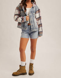 Hem & Thread - Brushed Plaid Contrast Hooded Jacket
