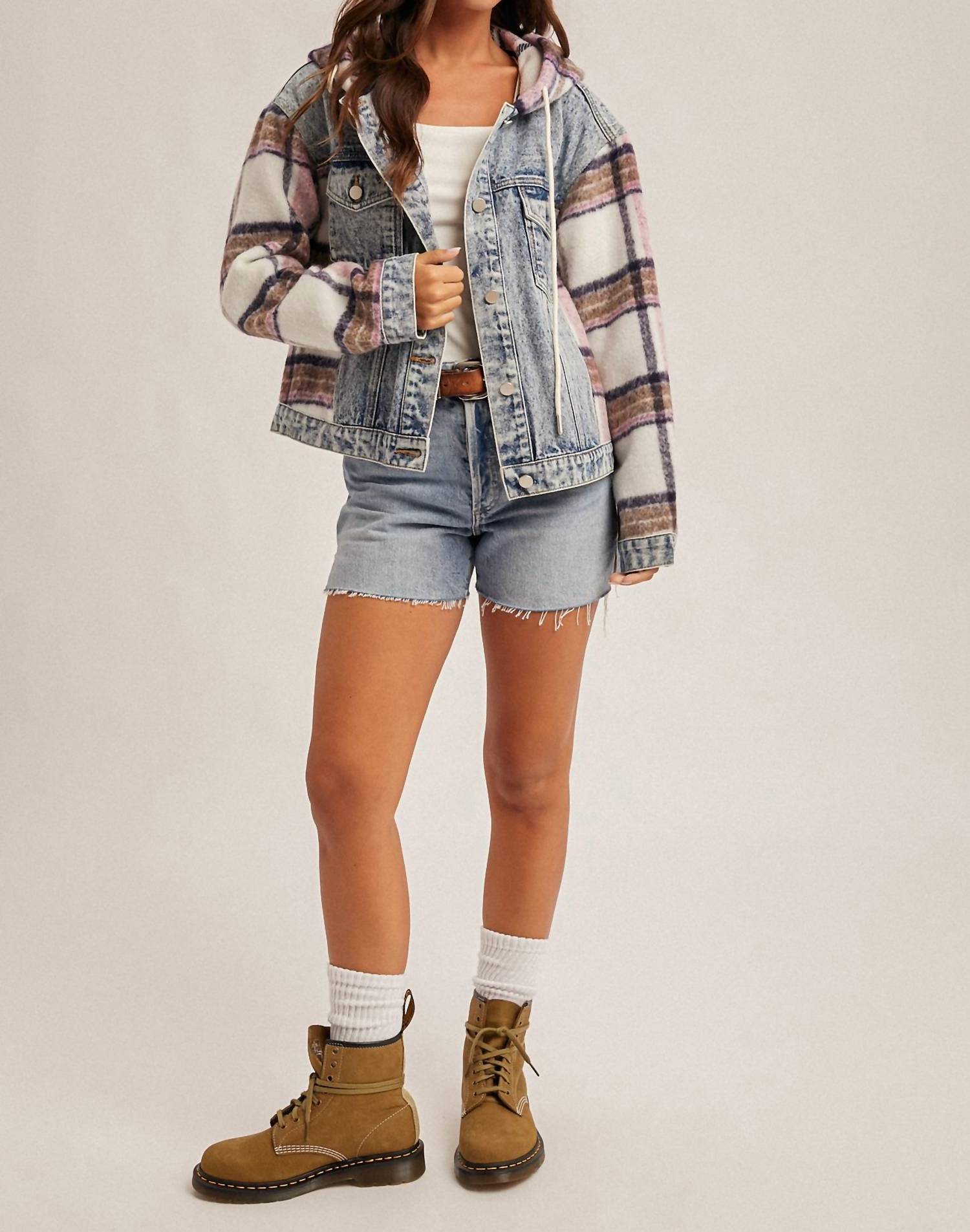 Hem & Thread - Brushed Plaid Contrast Hooded Jacket