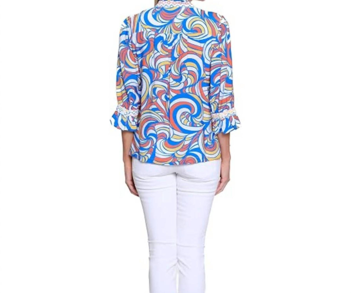 Multiples - Cuffed 3/4 Flounce Sleeve Notch Neck Ruffle Top