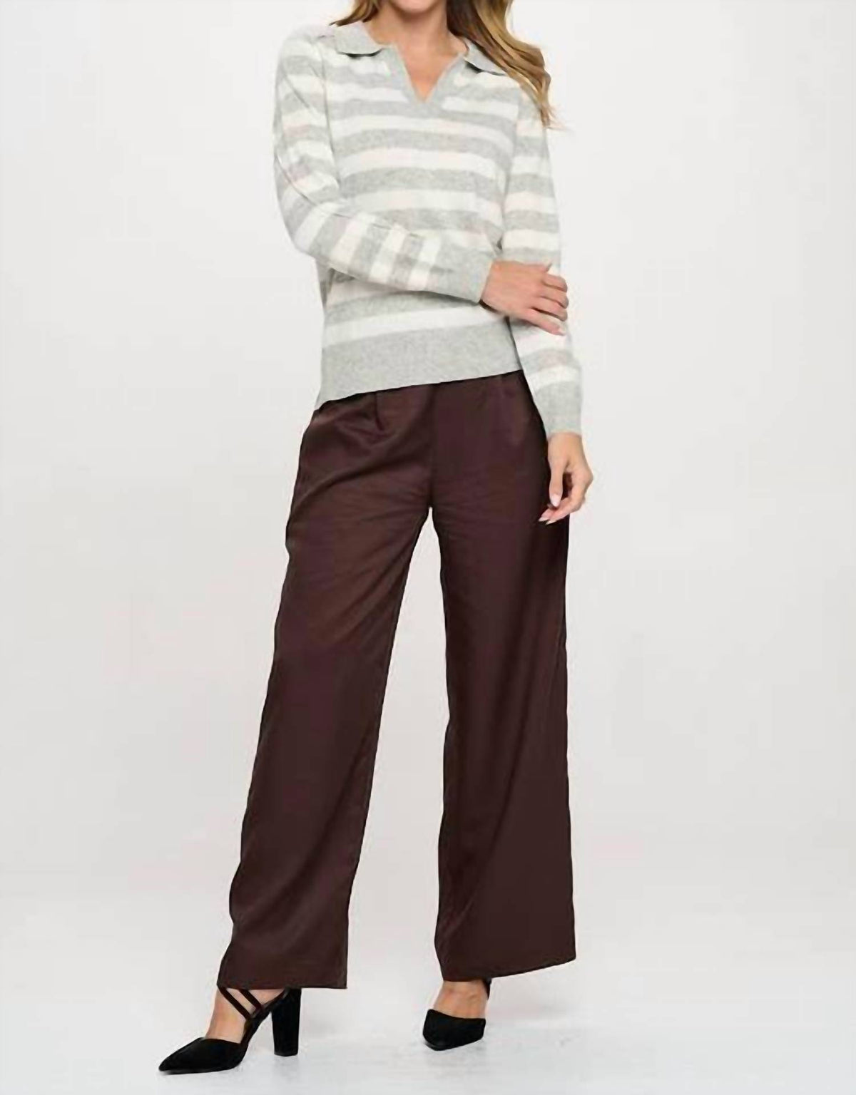 Renee C - Striped Knit Polo Collar neck Long Sleeve sweater