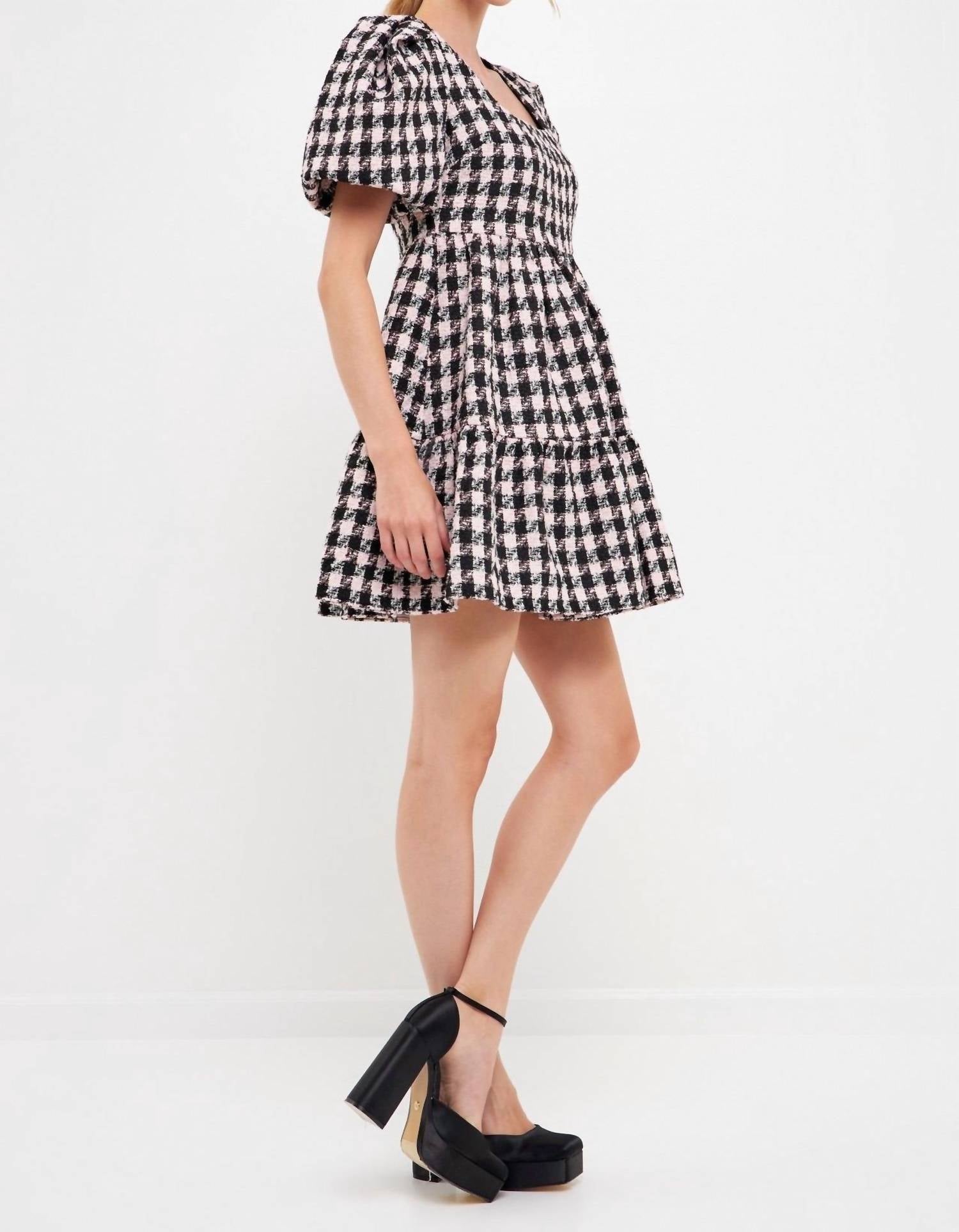 English Factory - Genevieve Tweed Puff Sleeve Mini Dress