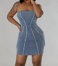 Good Time Usa - Raw Cut Line Trim Strapless Bodycon Denim Dress