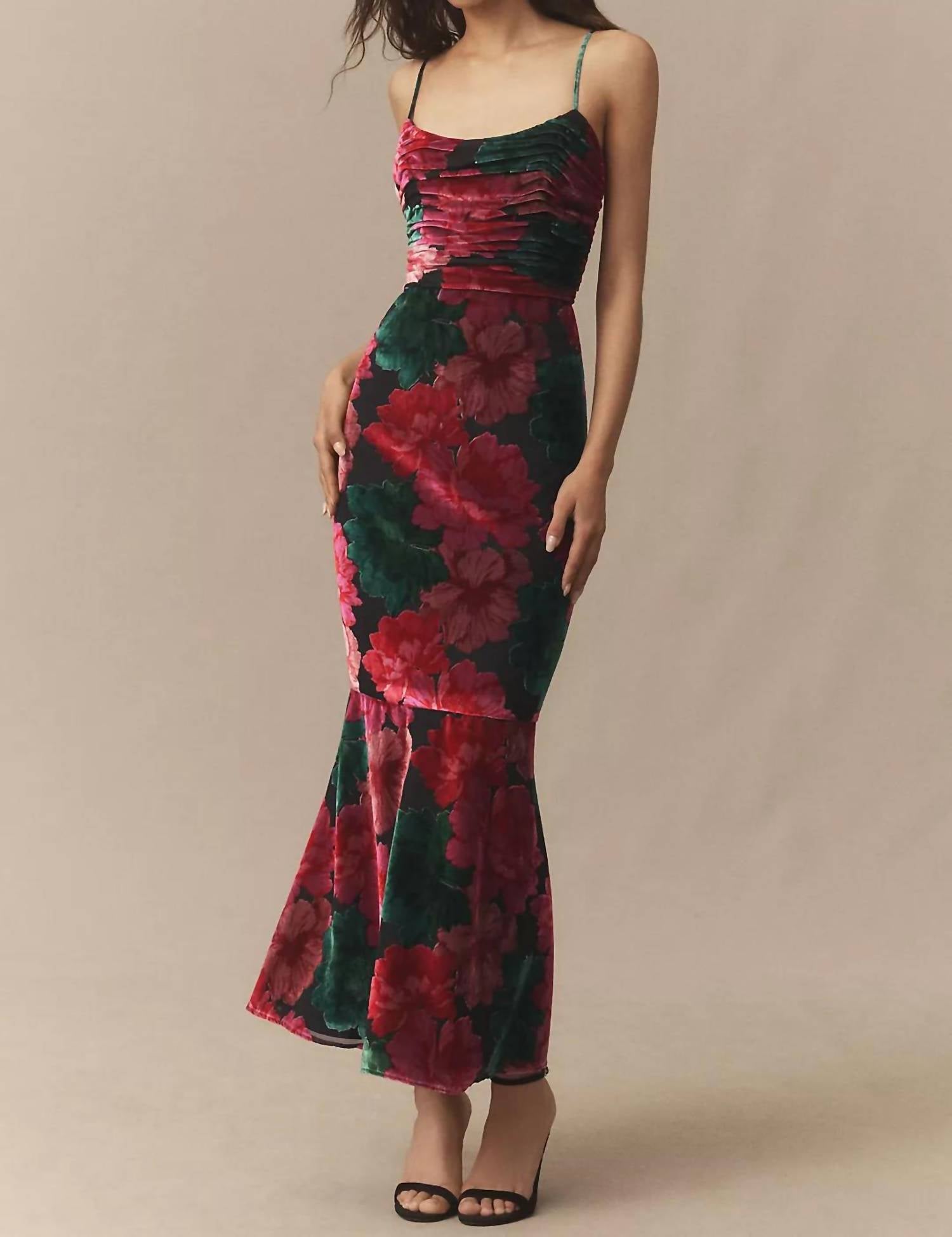 Hutch - Tylia Ruched Floral Velvet Maxi Dress