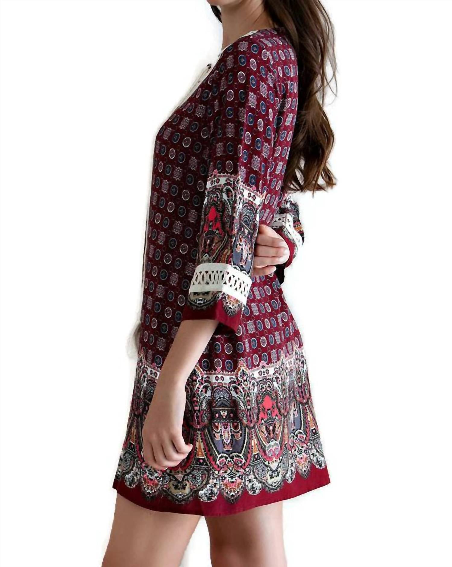 Entro - Border Print Tassel Tie Mini Dress