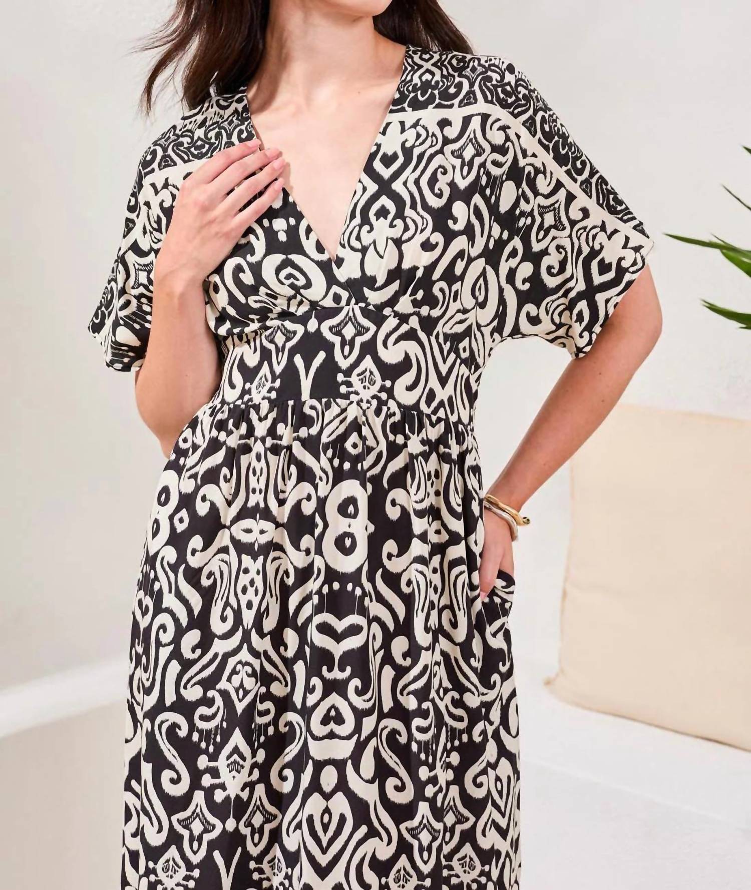 TRIBAL Printed Soft Challis V-neck Empire Waist Maxi Dress in black - women's dress - alternate view