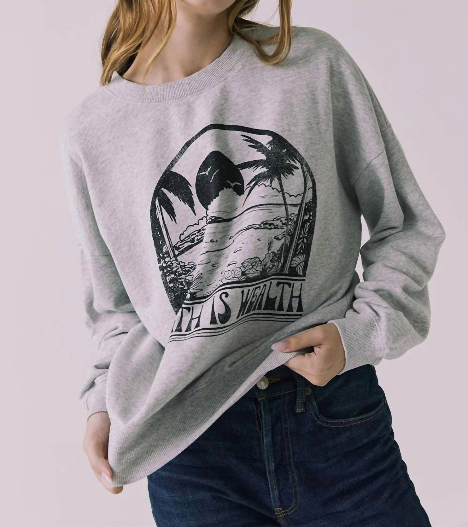 Chaser Health Is Wealth Cotton Pullover Sweatshirt in heather grey - women's top - alternate view