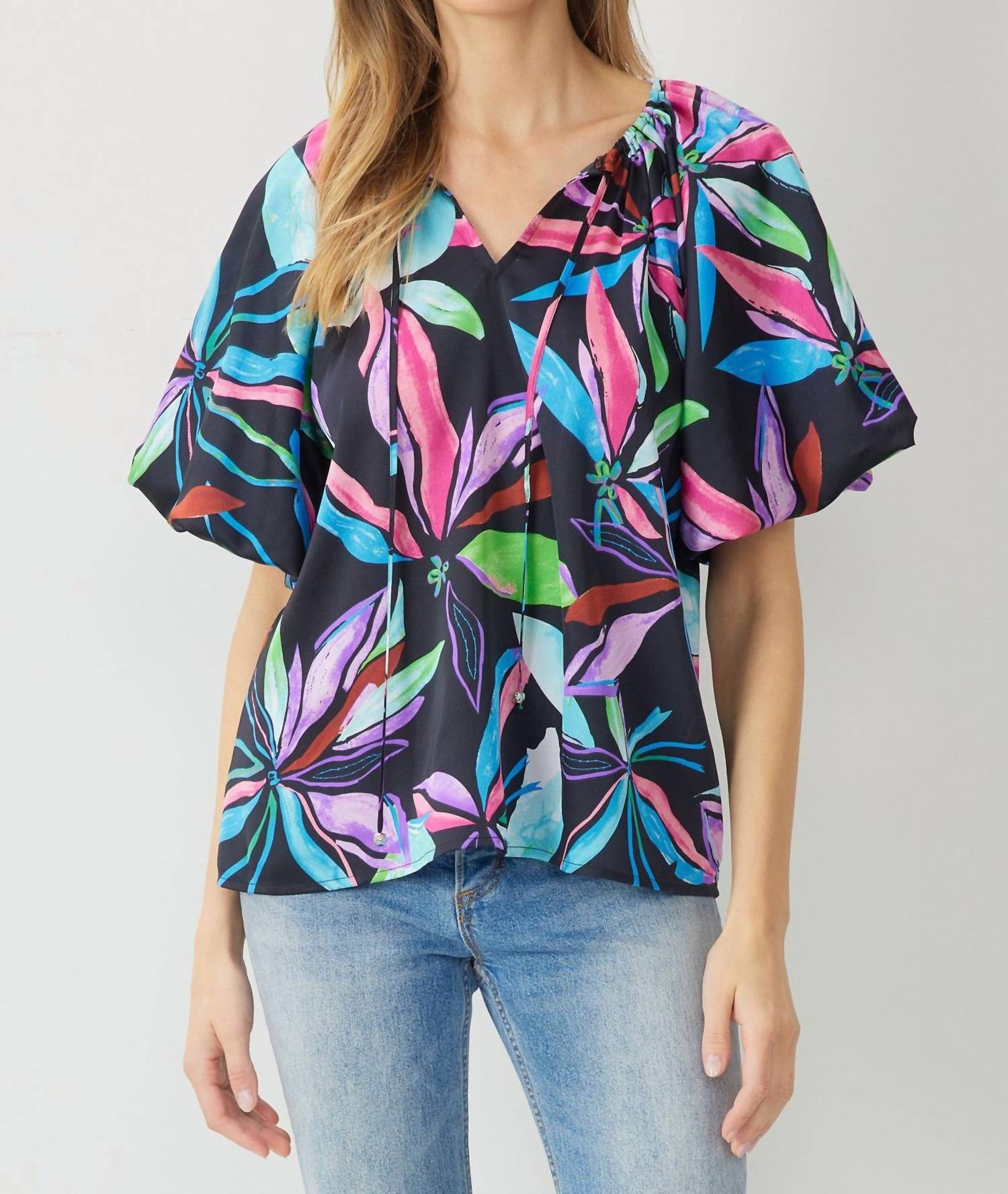 Entro - Floral Bubble Sleeve Blouse