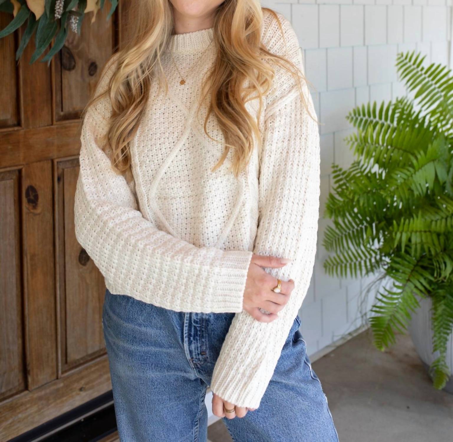GRADE & GATHER Classic Cable Knit Sweater in ivory - women's sweater