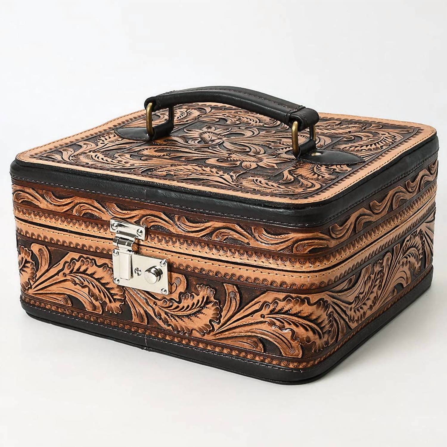 Ls Western - Hand-Tooled Western Leather Jewelry Case with Lock