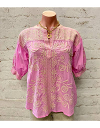 Johnny Was Women's Puff Sleeve Henley Blouse in pastel lavender - women's blouse