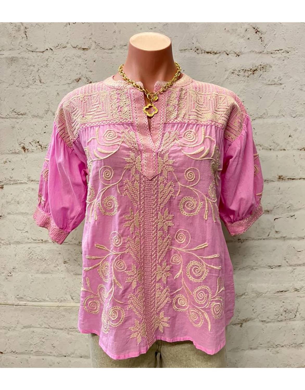 Johnny Was Women's Puff Sleeve Henley Blouse in pastel lavender - women's blouse