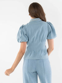 Emily McCarthy Britt Puff Sleeves Top in denim 1 - women's blouse - alternate view