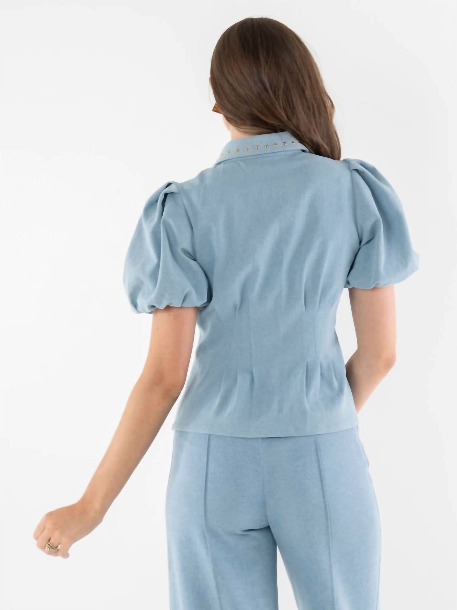 Emily McCarthy Britt Puff Sleeves Top in denim 1 - women's blouse - alternate view