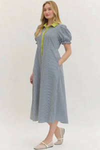 Entro - Puff Sleeve Midi Dress With Contrast Trim